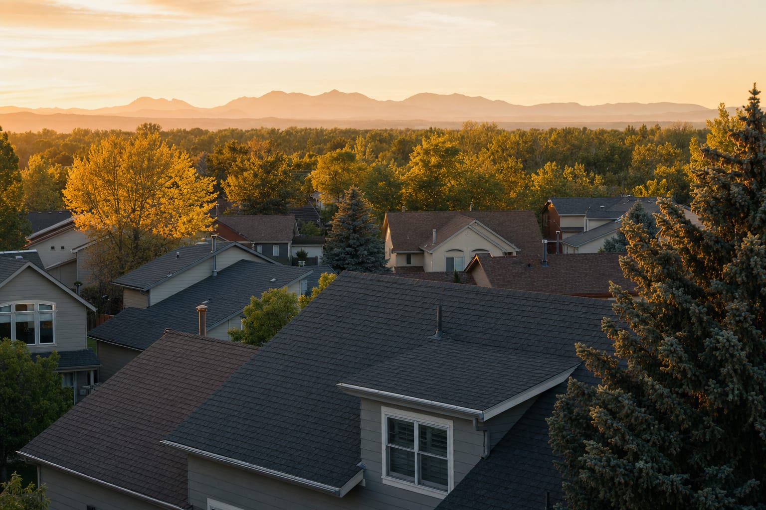 Varied shingle rooftops of a Fort Collins neighborhood at golden hour with faint foothills on the horizon