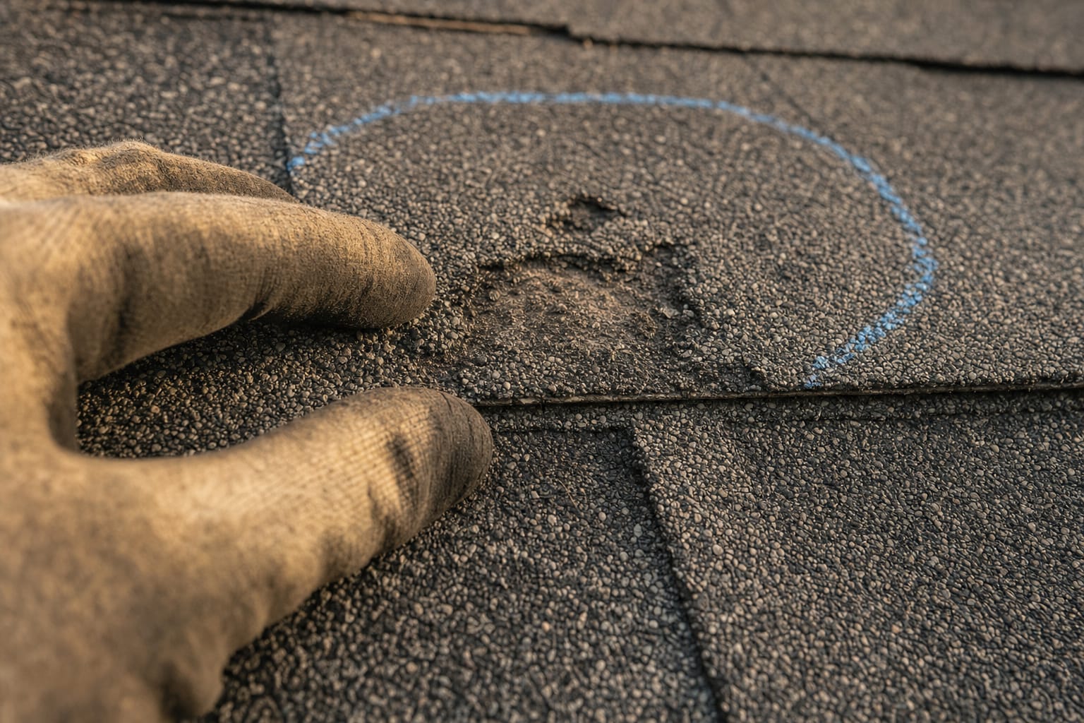 Close-up of hail impact bruising on an asphalt shingle, circled in chalk, with an inspector's gloved fingertips