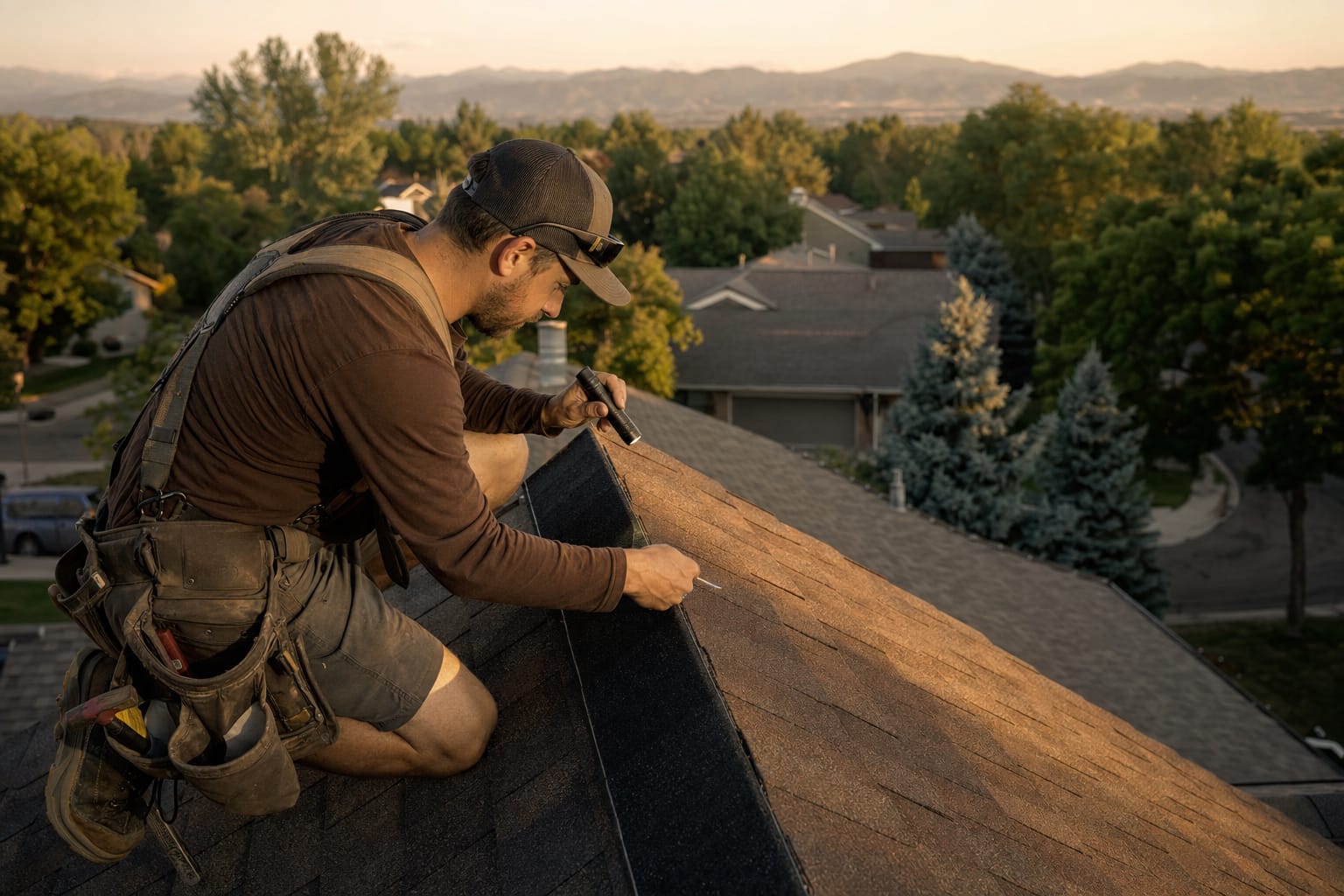 Roofing craftsman inspecting architectural shingles on the ridge of a Fort Collins home at golden hour