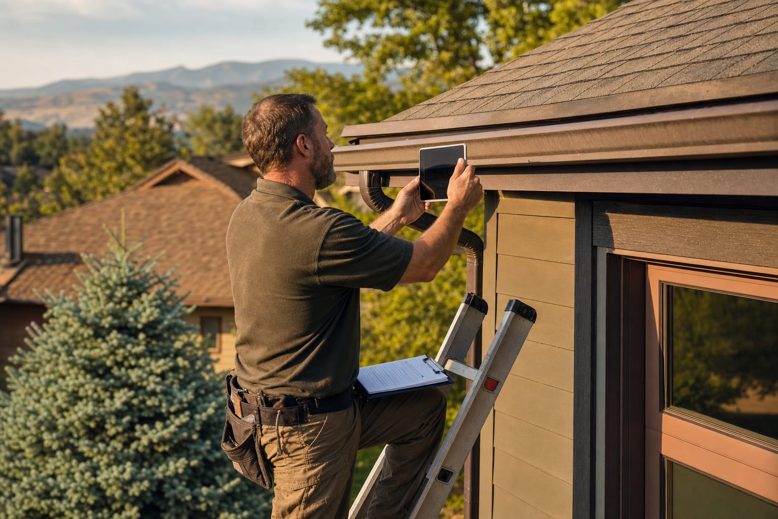 Roof inspector on a ladder photographing the roof edge with a tablet