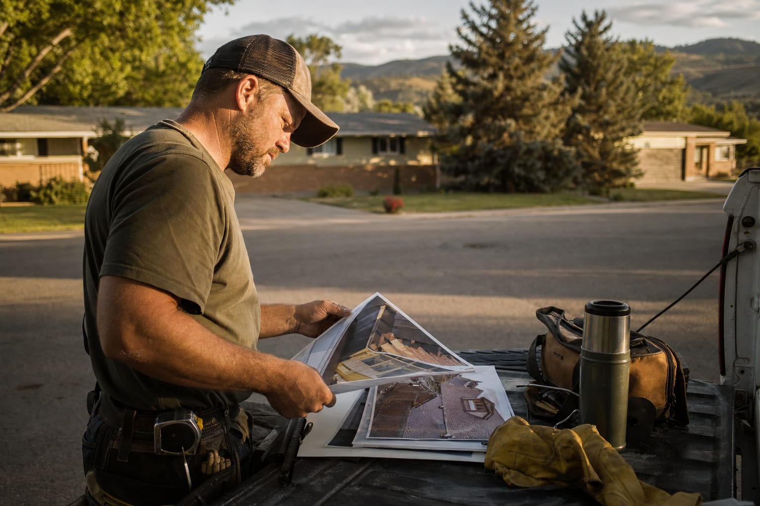 Craftsman reviewing printed roof plans and photos at the tailgate of a work truck