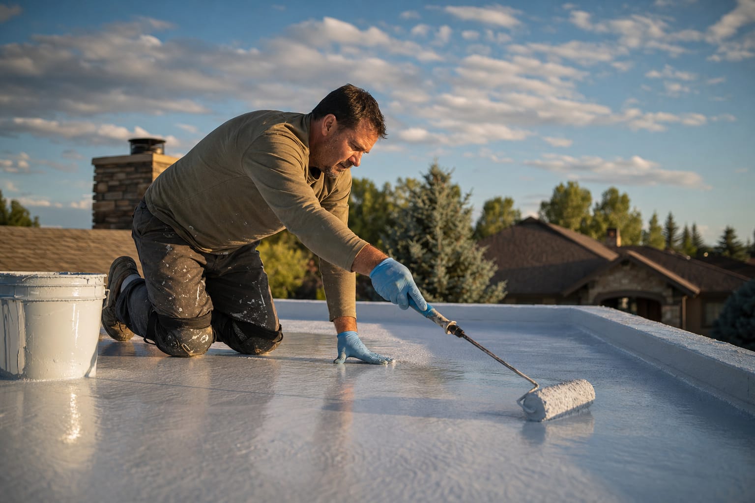 Worker rolling reflective elastomeric coating across a low-slope roof