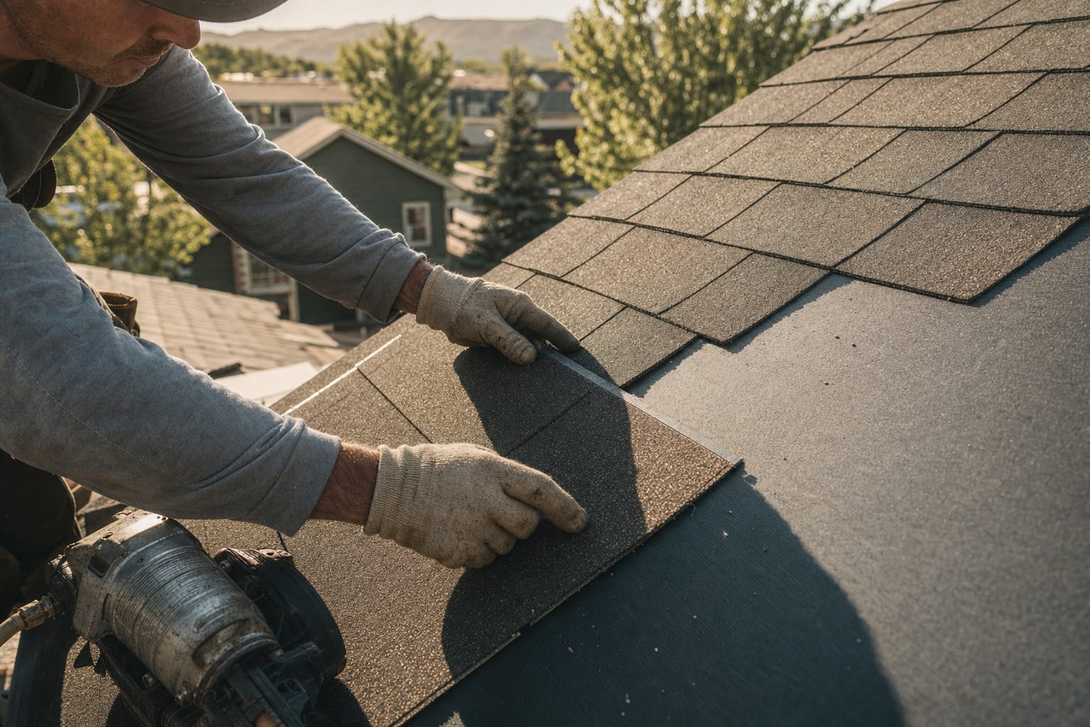 Roofer's gloved hands setting a new architectural shingle into a fresh course