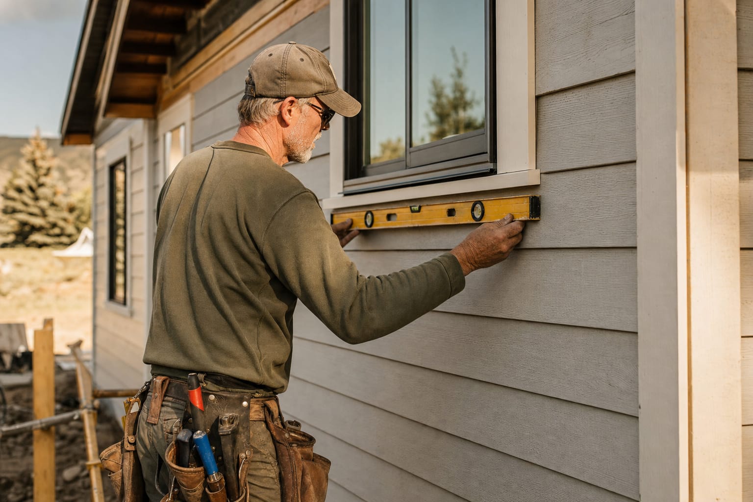 Carpenter checking a new lap siding course with a level